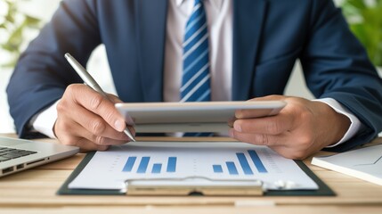 Poster - A business professional reviews data trends on a tablet while seated at a desk in a modern office. Papers and a laptop are present, suggesting active analysis during the afternoon
