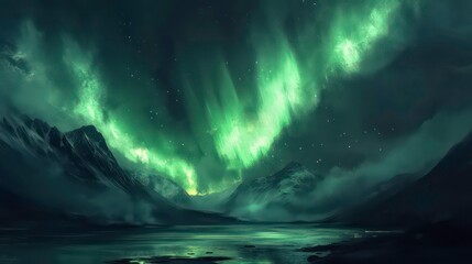 a mystical night scene of a lake and mountains under the aurora borealis.