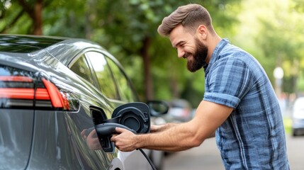 A young man connects a charging cable to his electric vehicle in a lively urban park ambiance, smiling as he takes part in environmentally friendly practices