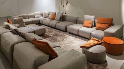 Top view of a cozy living room with a sectional sofa and modern furniture, with a natural light background, concept of home interior.