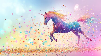 Wall Mural - A magical unicorn runs through a field of colorful confetti.