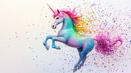 Wall Mural - Magical unicorn with glittery mane and horn surrounded by confetti.