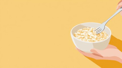 Sticker - A hand holding a fork over a bowl of oatmeal on a yellow background.