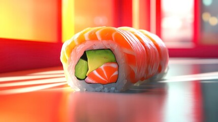Poster - Close up of a single sushi roll on a glossy table.