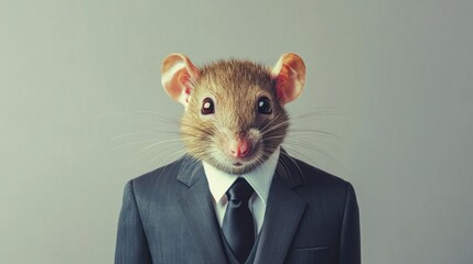 A rat wearing a business suit looks directly at the camera.