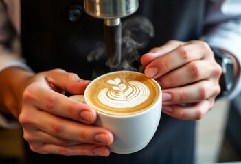 A close up of a barista's hands skillfully creating latte art wi