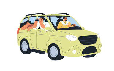 Wall Mural - road trip, holiday adventure. happy friends travel by car. people enjoying auto ride. happy men, wom