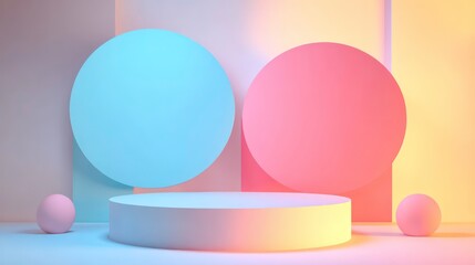 Poster - Abstract pastel colored background with circular shapes, a podium and spheres for product display.