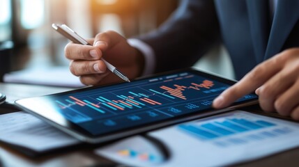 Business professional analyzing financial data on a tablet during a meeting in a well-lit office in the afternoon