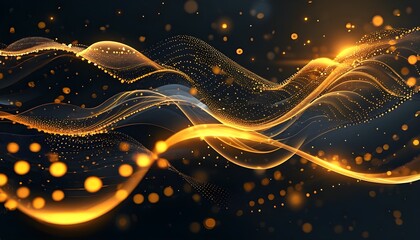 Futuristic black and gold abstract design featuring glowing dots and waves, perfect for digital wallpapers, banners, and presentations