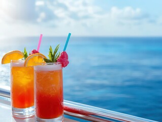 Vibrant tropical drinks with colorful straws and lemon garnish, set against a beautiful ocean view in bright sunlight.