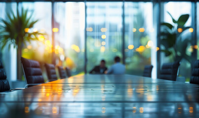 Poster - Blurred Silhouettes Business People Meeting Conference Room Glass Window Greenery Plants Sunset Glow Corporate Office Environment Teamwork Collaboration Discussion Brainstorming Defocused Background
