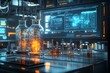 © Paul - Stainless steel tank on a lab bench, surrounded by 3D-rendered glassware, vibrant chemical reactions inside the flasks, and a digital hologram interface above, 3D Rendering