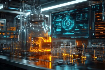 Stainless steel tank on a lab bench, surrounded by 3D-rendered glassware, vibrant chemical reactions inside the flasks, and a digital hologram interface above, 3D Rendering