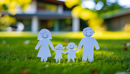 Closeup of paper cut family figurine on lush green grass by modern house with softly blurred background