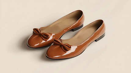 Pair of brown patent leather ballet flats with bows.