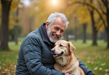 senior man cuddling his dog in the park