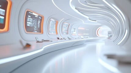 Sticker - A futuristic looking room with a long white hallway and orange lights, AI