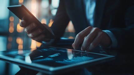 Poster - Business professional analyzing financial data on a tablet and smartphone in a modern office during late evening hours