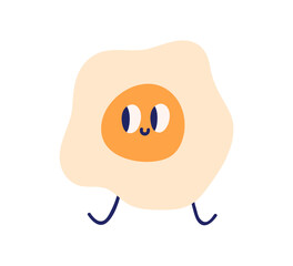 Poster - Fried egg character with cute happy face. Funny quirky playful breakfast food in kawaii doodle kids style. Smiling joyful yolk emoji. Childish flat vector illustration isolated on white background