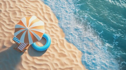 Wall Mural - Top view of a sandy beach with an umbrella, a beach chair, and a blue inflatable ring.