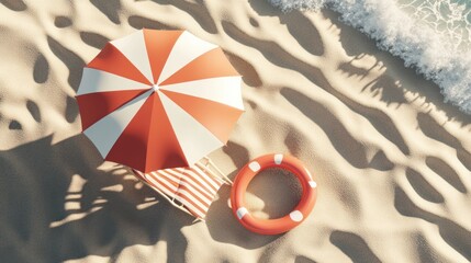 Wall Mural - Beach umbrella, beach chair and lifebuoy on the beach.