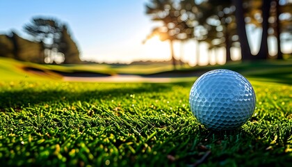 Wall Mural - Golf ball perched on lush green grass of a sunny golf course under bright blue skies