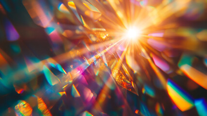 Poster - Colorful light refracting through crystals, creating a dazzling optical effect in a dark background
