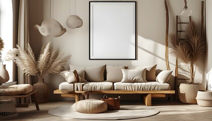 Cozy boho living room featuring a beige mockup poster frame, wooden sofa, ladder, and natural decor accents for a modern aesthetic