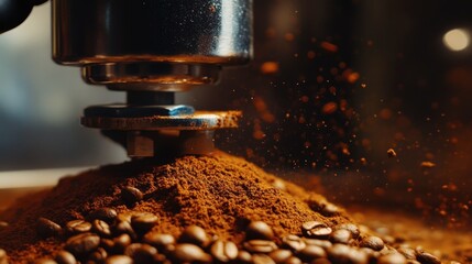 A close-up of a coffee grinder in action, with fresh coffee beans being ground into fine powder.