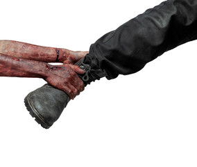 Sticker - A zombie hand with a bloody wound grabs a human shoe. Zombie, devil, evil, satan, or monster hands isolated over a white background