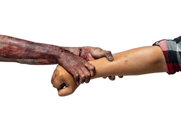 Sticker - A zombie hand with a bloody wound grabs a human hand. Zombie, devil, evil, satan, or monster hands isolated over a white background