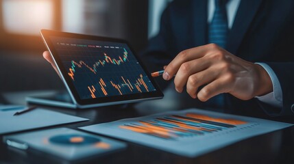 Poster - business professional analyzing financial data on a tablet while seated at an office desk during lat