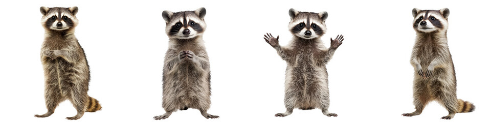 Four playful raccoons standing and posing on white isolate background.