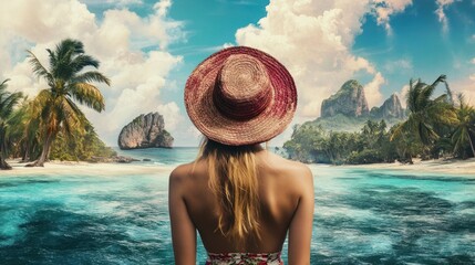 Wall Mural - Woman with straw hat admiring a beautiful beach and tropical landscape.