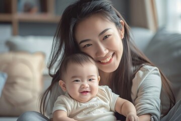 Baby Asian. Young Asian Mother Smiling Happily with her Little Son at Home