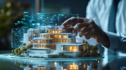 Poster - A person interacts with a holographic projection of a building model.