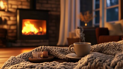 A cozy living room setting with a cup of coffee, a knit blanket, and a fireplace glowing in the background.