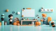 © MontichaSom - A playful scene of children decorating a room with pumpkins, creating a cheerful autumn atmosphere filled with creativity.