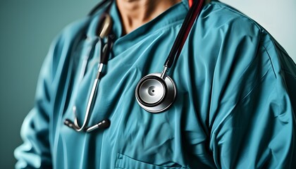 dedicated doctor in scrubs with stethoscope ready to care and heal