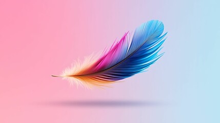 Wall Mural - A vibrant, colorful feather floats in a gradient background, blending shades of pink, blue, and orange, creating a serene and artistic ambiance.
