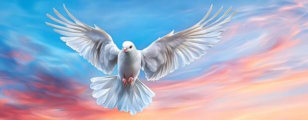 Wall Mural - A graceful white dove spreads its wings against a vibrant sky, embodying peace and freedom in a serene moment of flight.