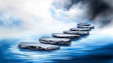 Wall Mural - A serene pathway of stone steps emerges from calming blue waters, leading into a dreamy, cloudy horizon.