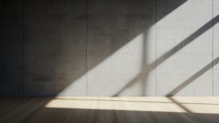 Minimalist room with wooden floor and concrete walls, sunlight streaming through window, soft shadows, ultra-realistic detail, 8K, serene and modern interior