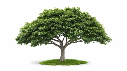 Wall Mural - A lush green tree with a broad canopy and dense foliage, situated on a small patch of grass, symbolizing nature's beauty and vitality.