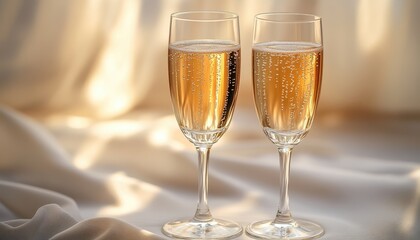 Two elegant champagne glasses filled with sparkling drink, placed on a soft, draped fabric, perfect for celebration occasions.