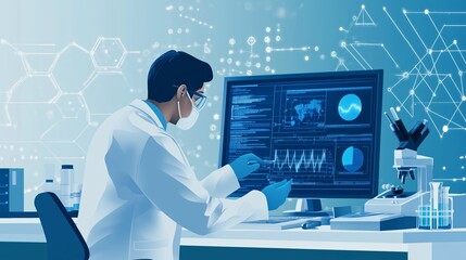 Aufkleber - a scientist analyzes data on a computer in a modern laboratory during a research project focused on 