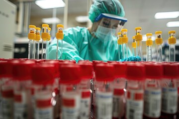 Medical Researcher Analyzing Blood Samples in Laboratory with PPE