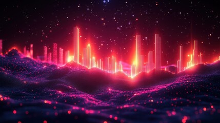 Digital Cityscape with Glowing Lights on Abstract Landscape