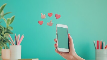 Poster - Smartphone in a hand with floating thumbs up and hearts icons, depicting online approval and social media interactions.